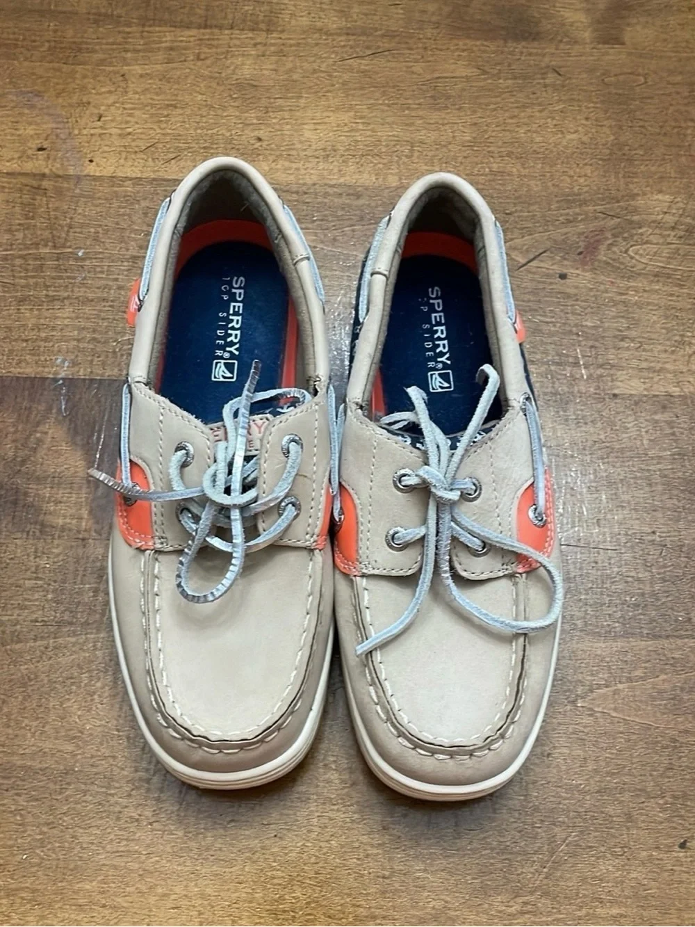 Sperry Two-Tone Tan and Coral Boat Shoes, Semi New, Sz. 3.